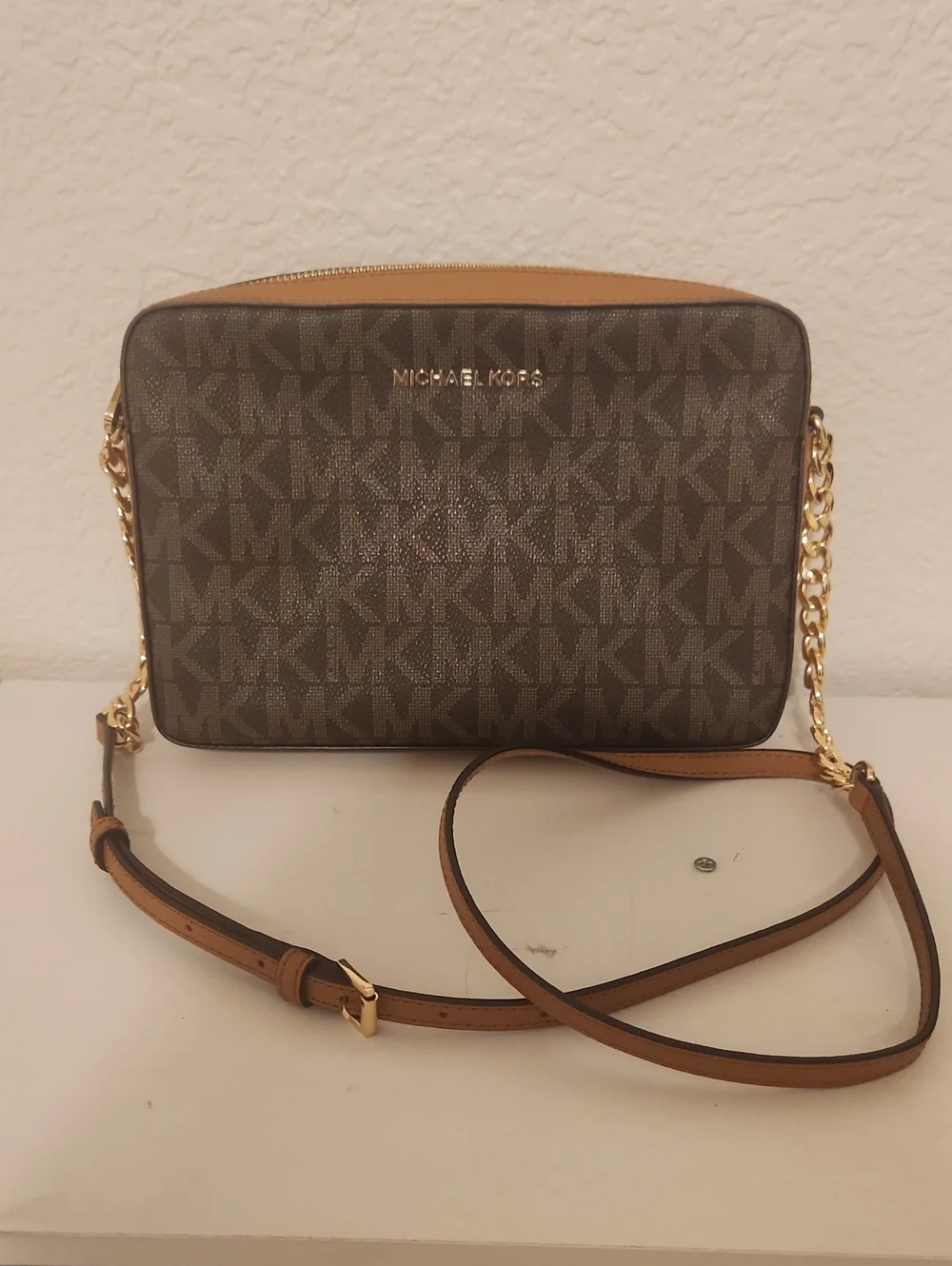 Michael Kors Brown and Tan Logo Crossbody with Gold Chain Accent